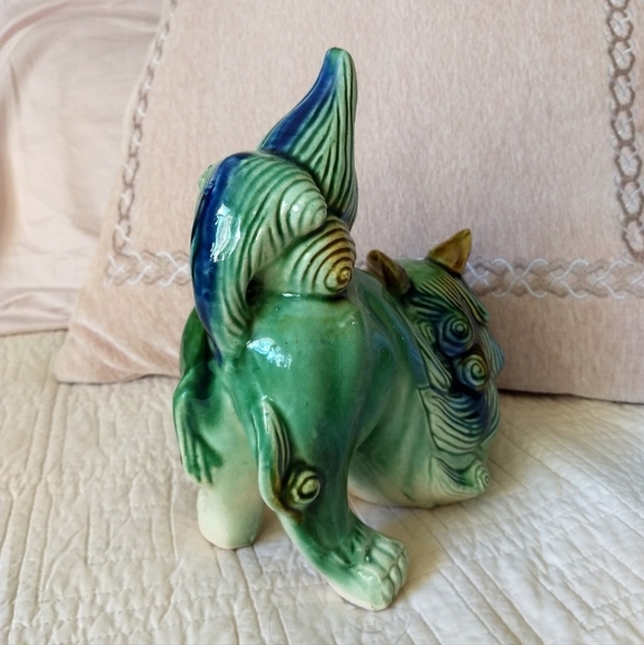 Vintage Majolica Chinese Porcelain Green, Blue & Tan Foo Dog Shishi Lion Statue - Picture 6 of 12